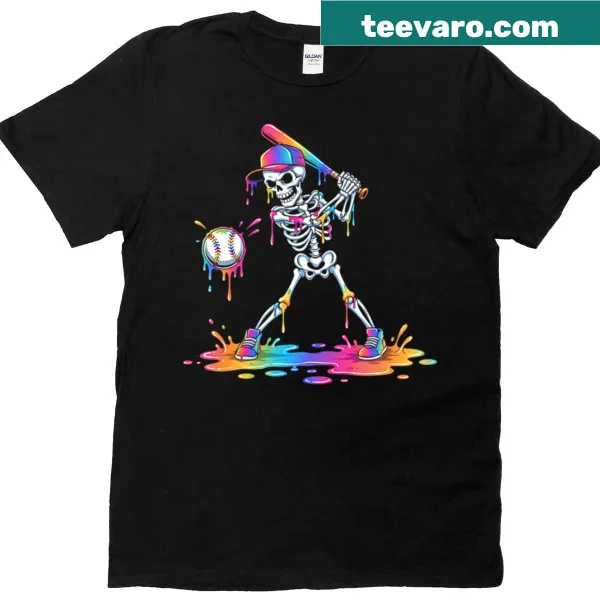 Skeleton playing baseball graphic kids t-shirt for Halloween