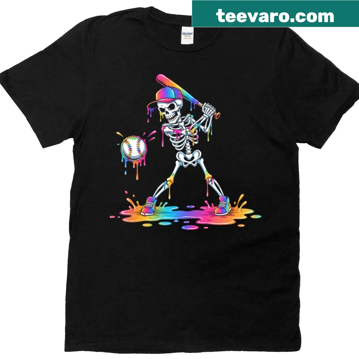 Skeleton playing baseball graphic kids t-shirt for Halloween — on a men's t-shirt