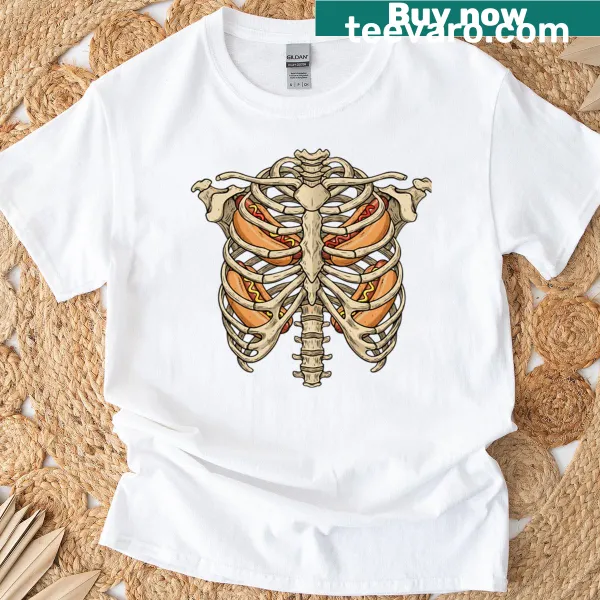 Funny Halloween t-shirt with skeleton rib cage and hotdogs design