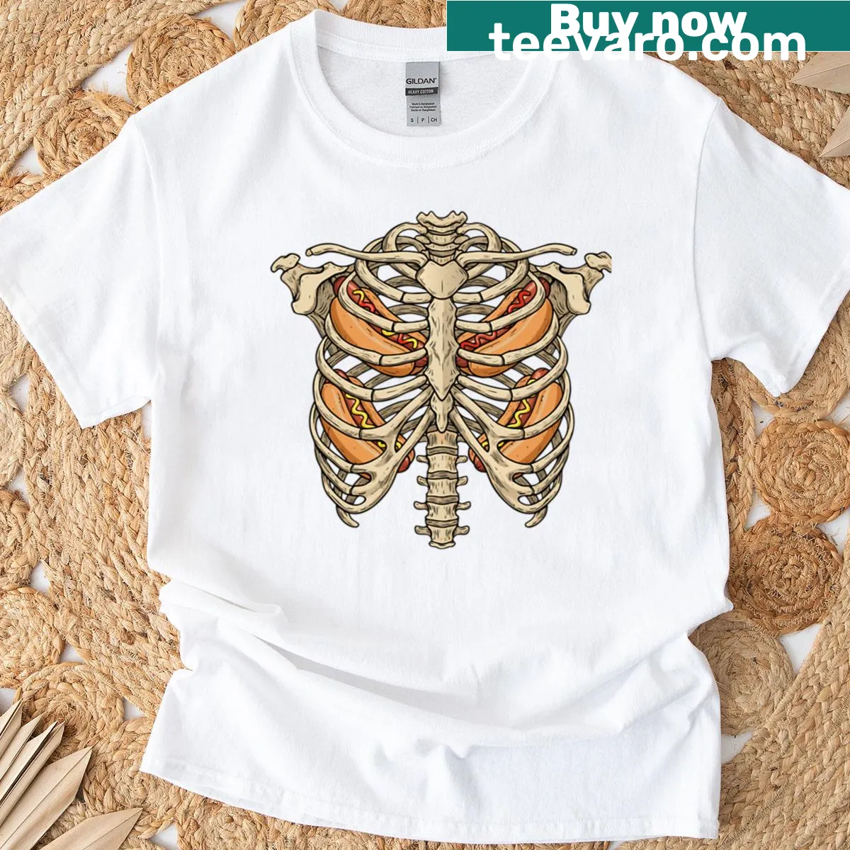Funny Halloween t-shirt with skeleton rib cage and hotdogs design — on a men's t-shirt