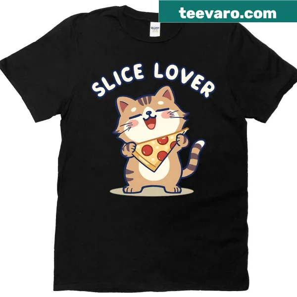 Adorable cat graphic with pizza slice for cat lovers.