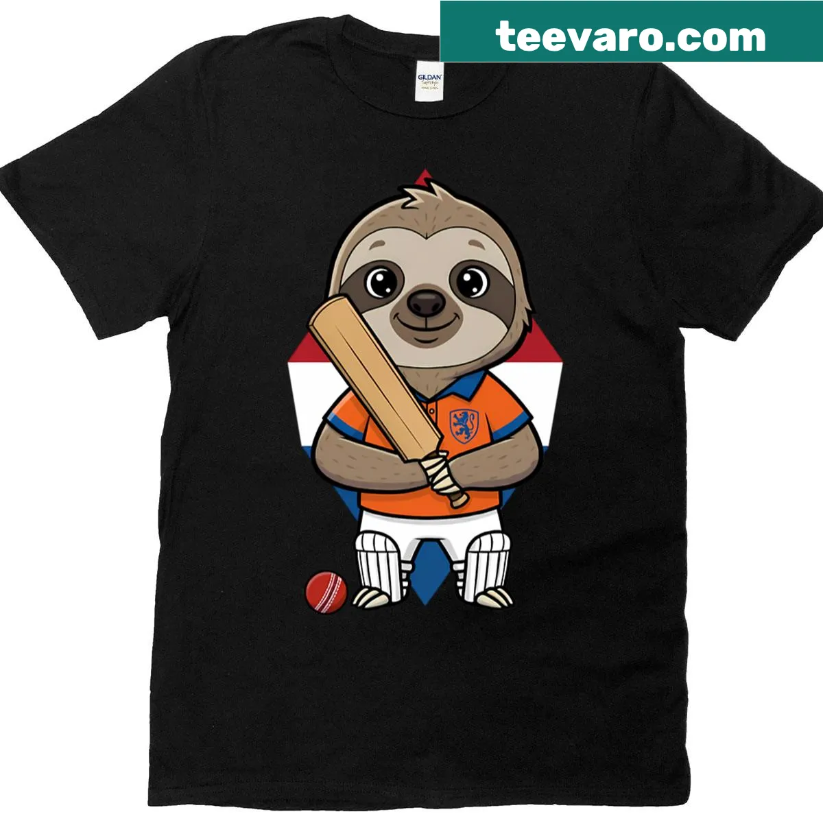 T-shirt featuring a playful sloth character as a cricket player. — on a men's t-shirt