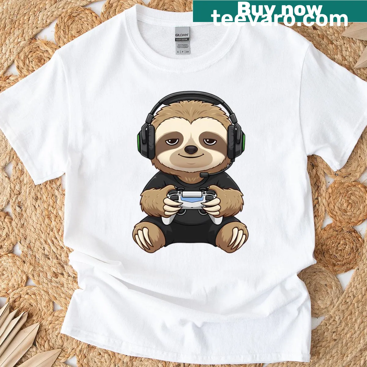 Sloth wearing headset and holding game controller on a t-shirt — on a men's t-shirt