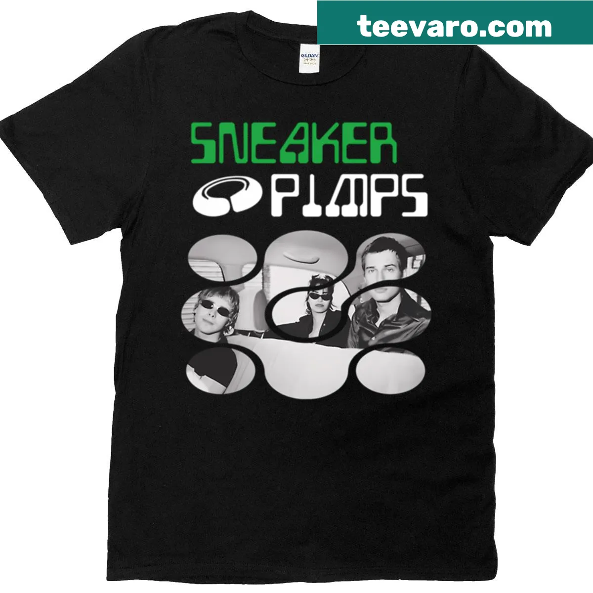 Bold Sneaker Pimps logo design on a casual music-themed t-shirt — on a men's t-shirt