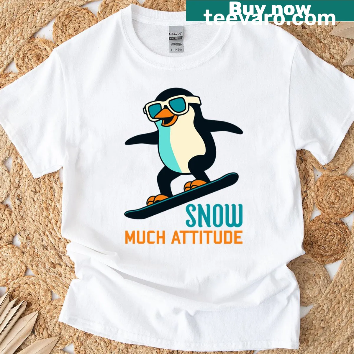 Playful t-shirt featuring the phrase 'Snow Much Attitude' — on a men's t-shirt
