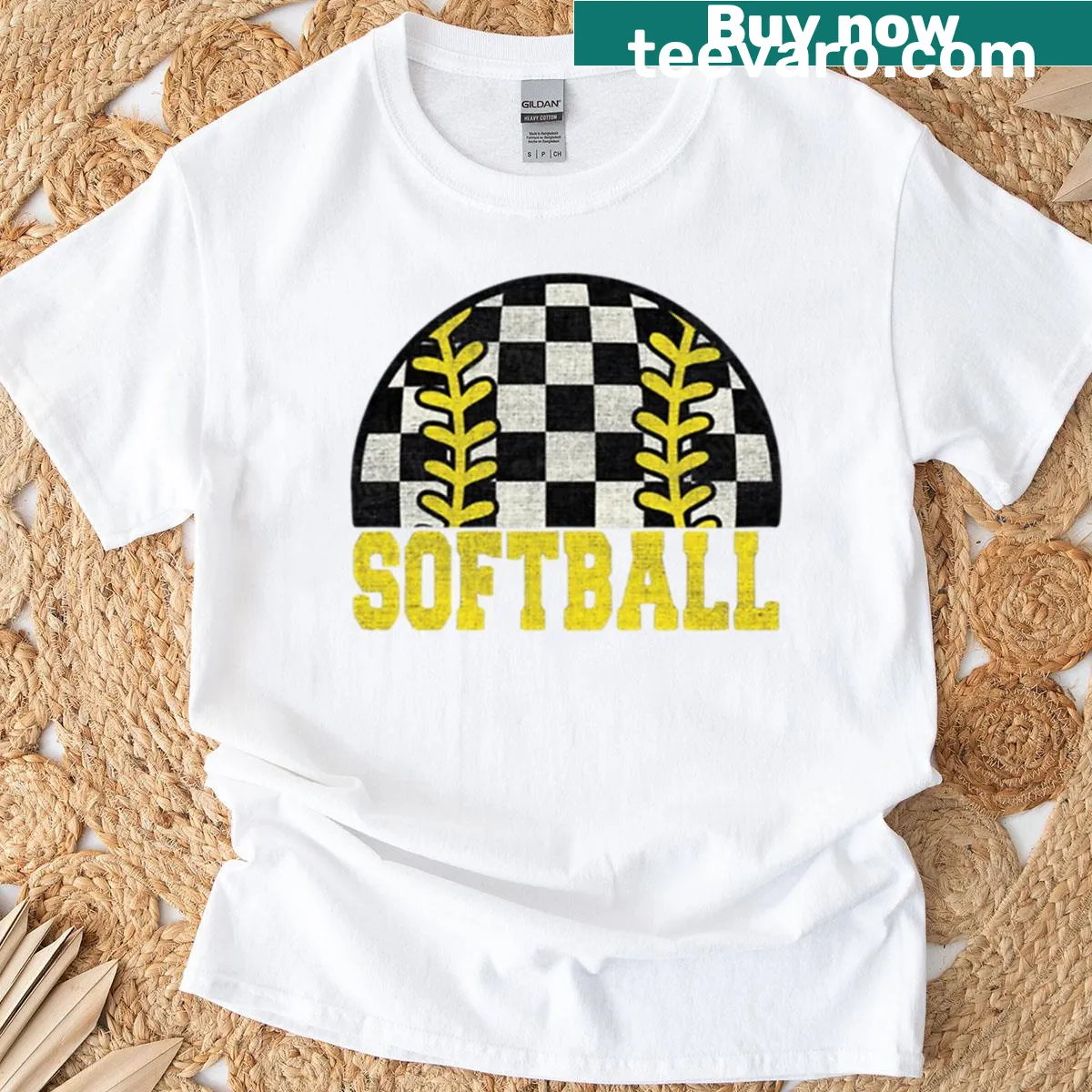 Retro sports tee with checkered print and yellow stitching — on a men's t-shirt