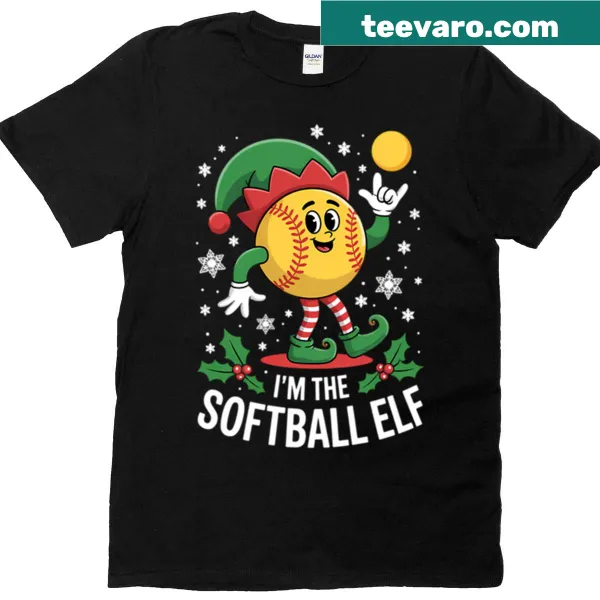 Christmas T-shirt featuring an elf holding a softball design.