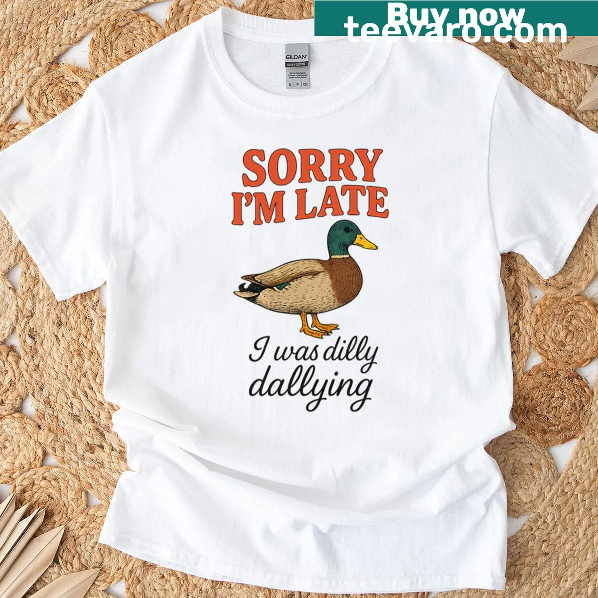 Funny duck tardiness t-shirt with playful graphics and text — on a men's t-shirt