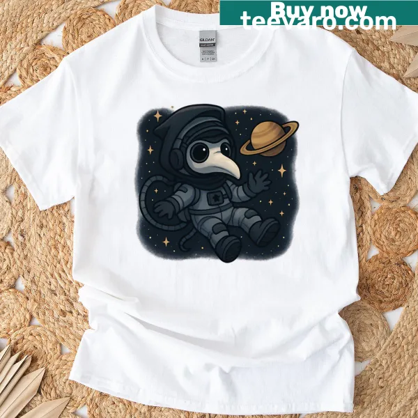 Cute plague doctor astronaut graphic T-shirt in space