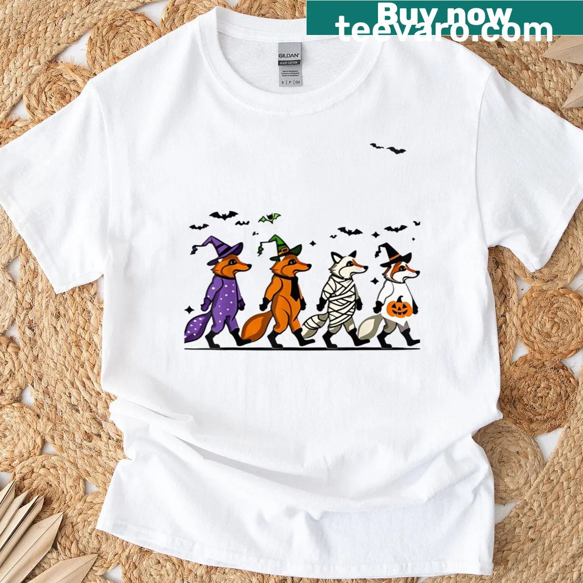Cartoon fox dressed as a ghost on a Halloween T-shirt — on a men's t-shirt