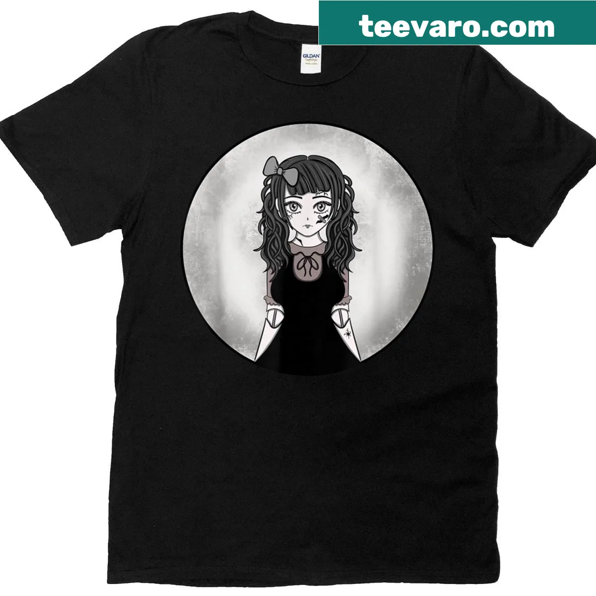 Gothic doll graphic on a spooky Halloween t-shirt — on a men's t-shirt