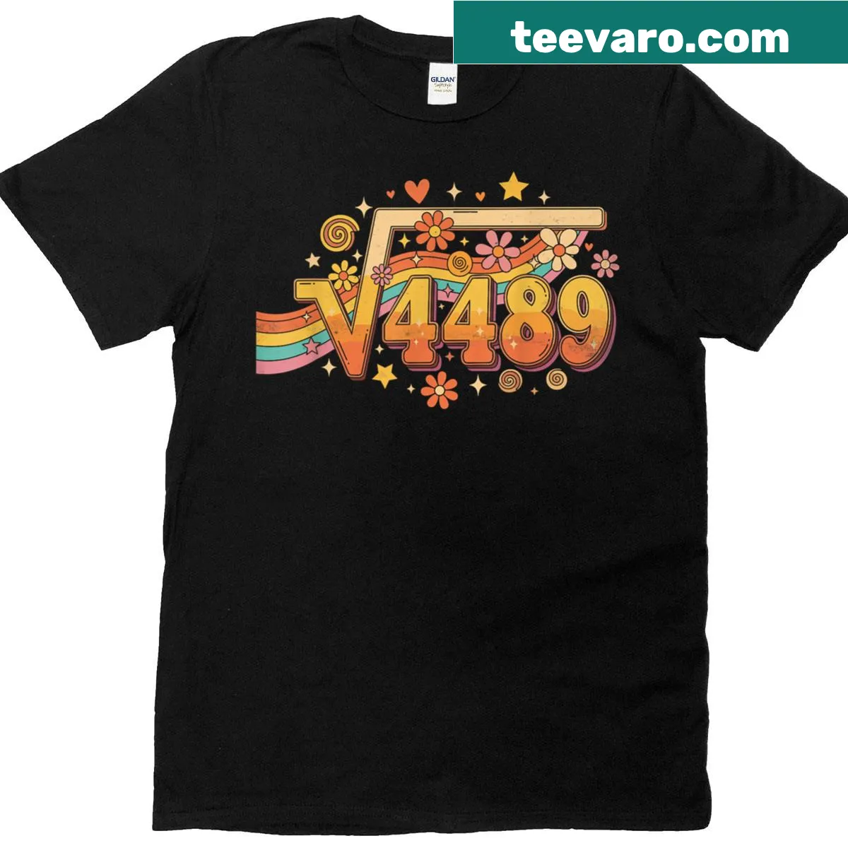 Funny retro math T-shirt featuring the equation Square Root 4489 Equals 67. — on a men's t-shirt