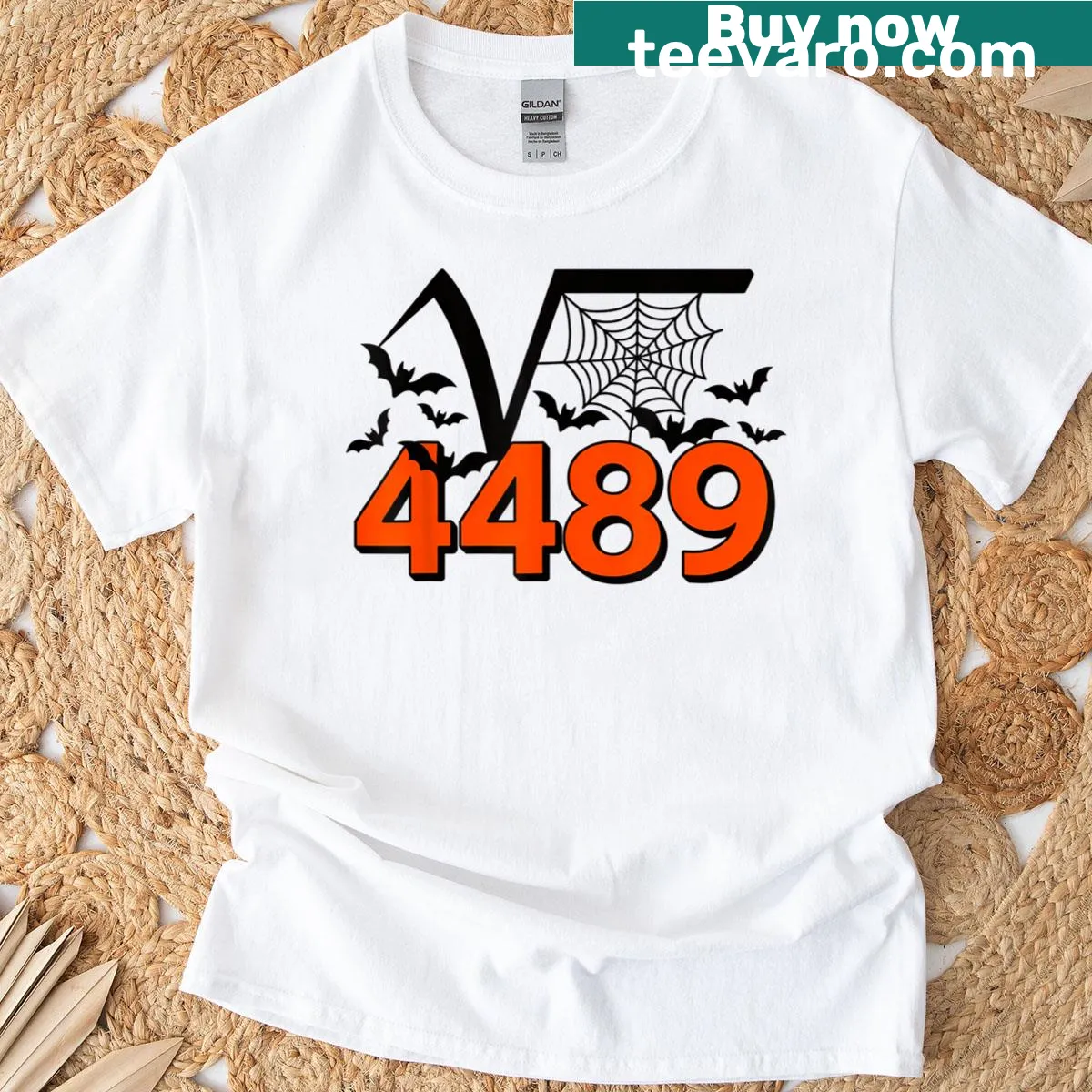 Funny math Halloween tee featuring the square root of 4489 for teachers — on a men's t-shirt