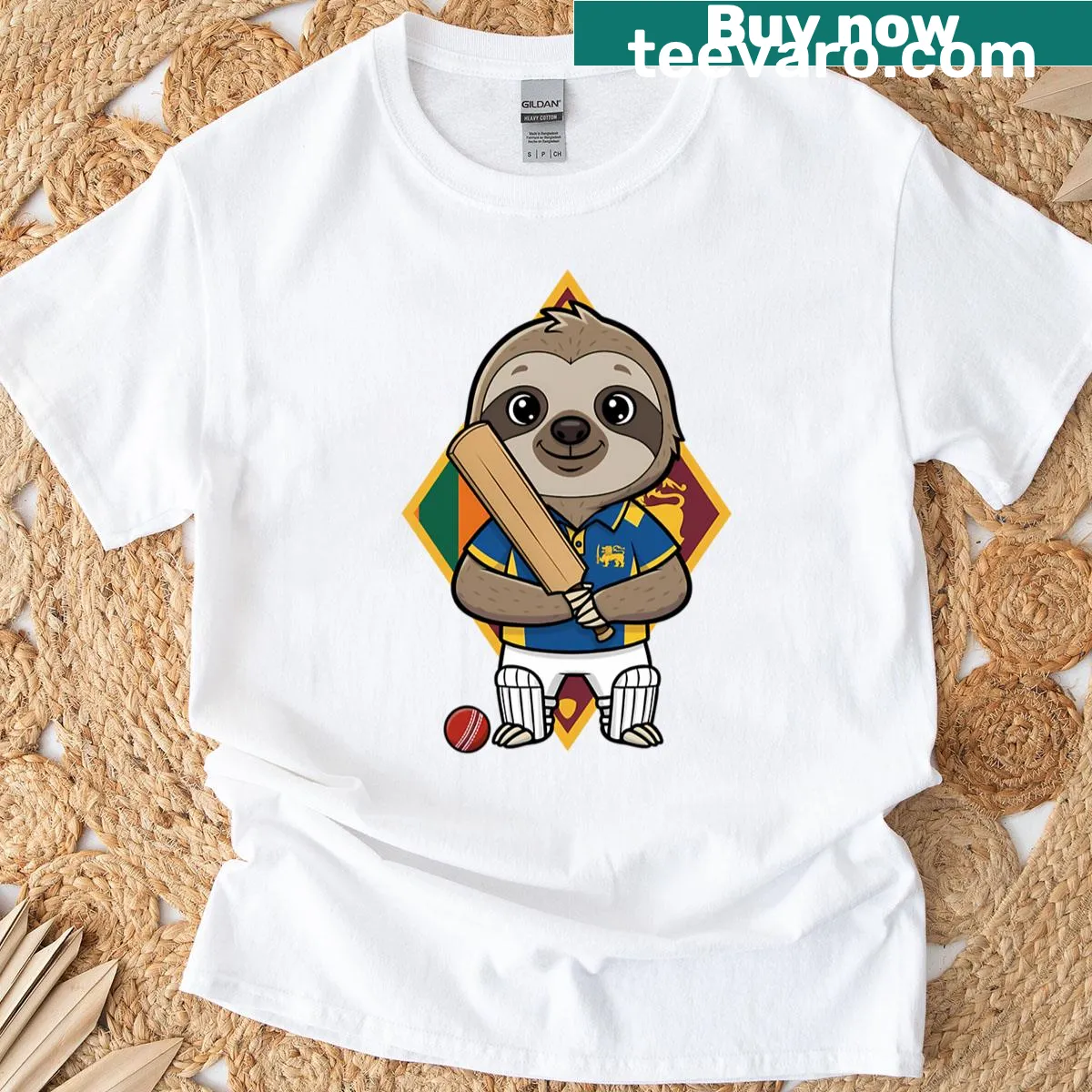 Funny sloth batter T-shirt featuring cricket-themed illustration — on a men's t-shirt