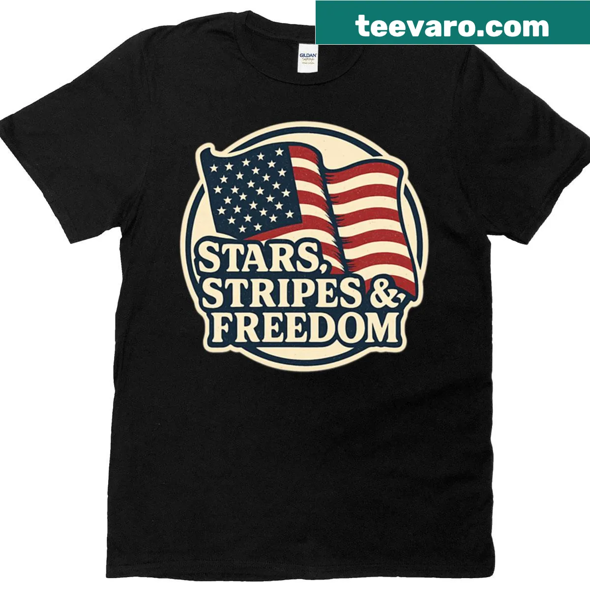 Patriotic t-shirt featuring stars and stripes design — on a men's t-shirt