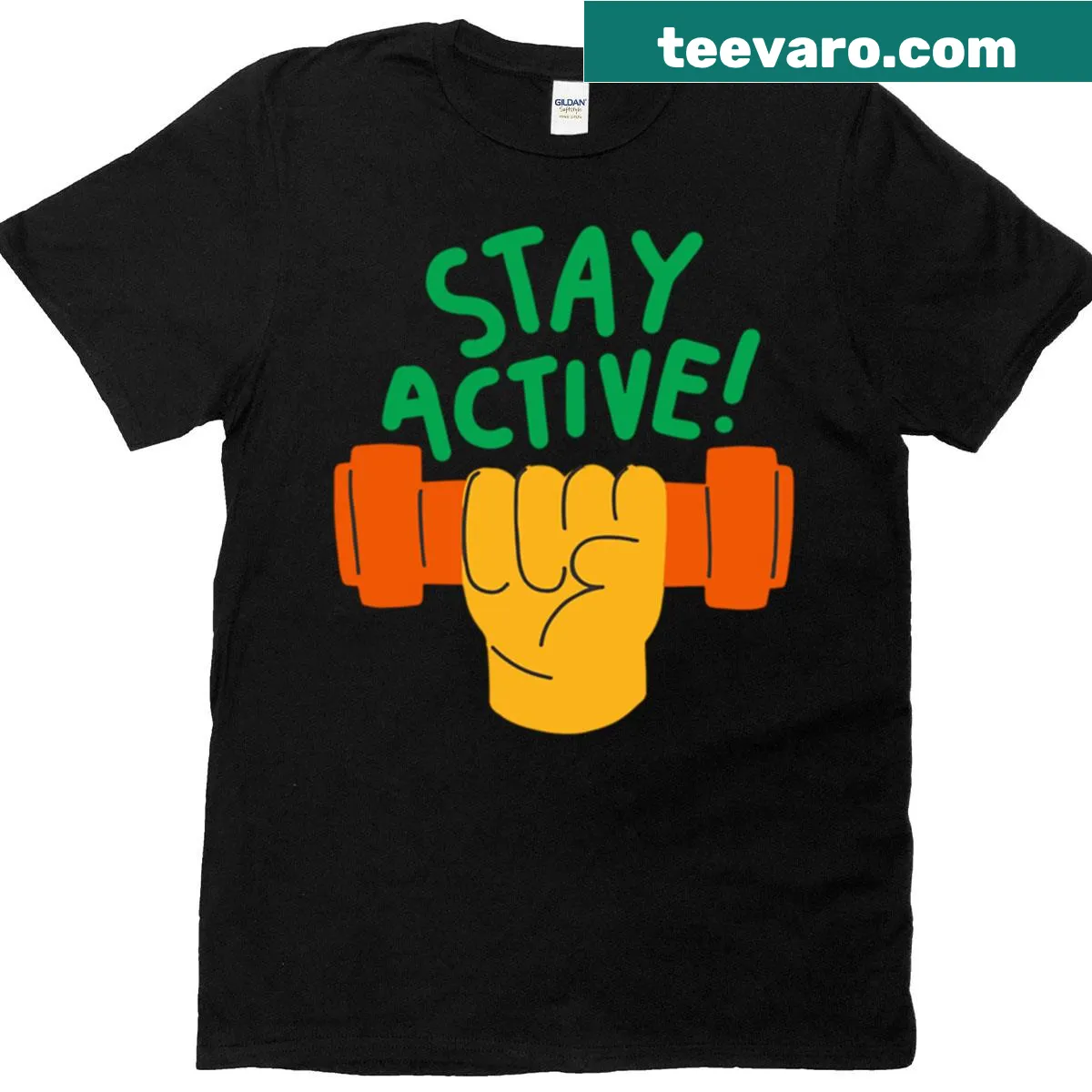 Bold hand-lettered Stay Active graphic T-shirt design. — on a men's t-shirt