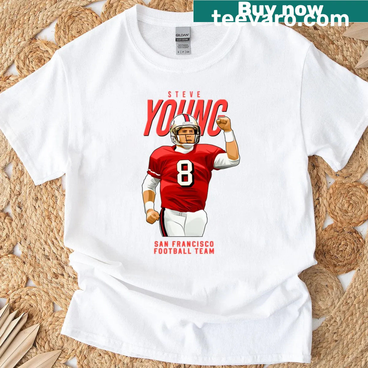 Steve Young San Francisco football t-shirt featuring number 8 — on a men's t-shirt