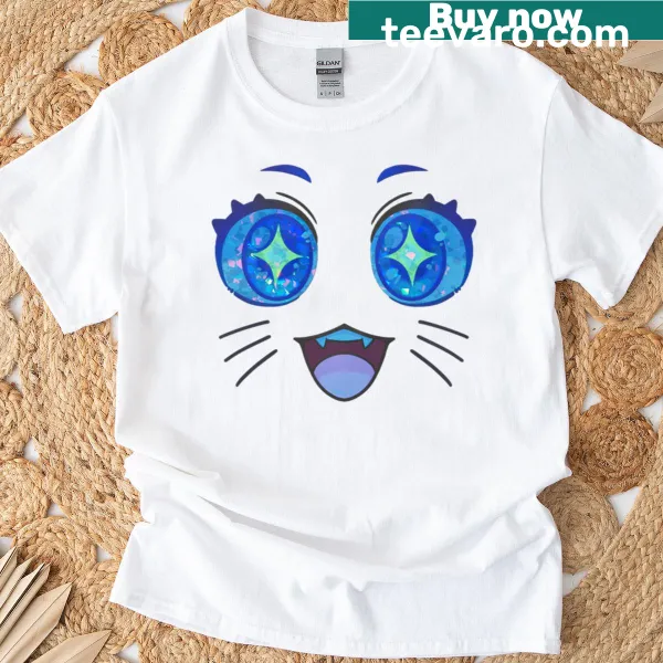 Kawaii sticker graphic with glittery eyes on a T-shirt
