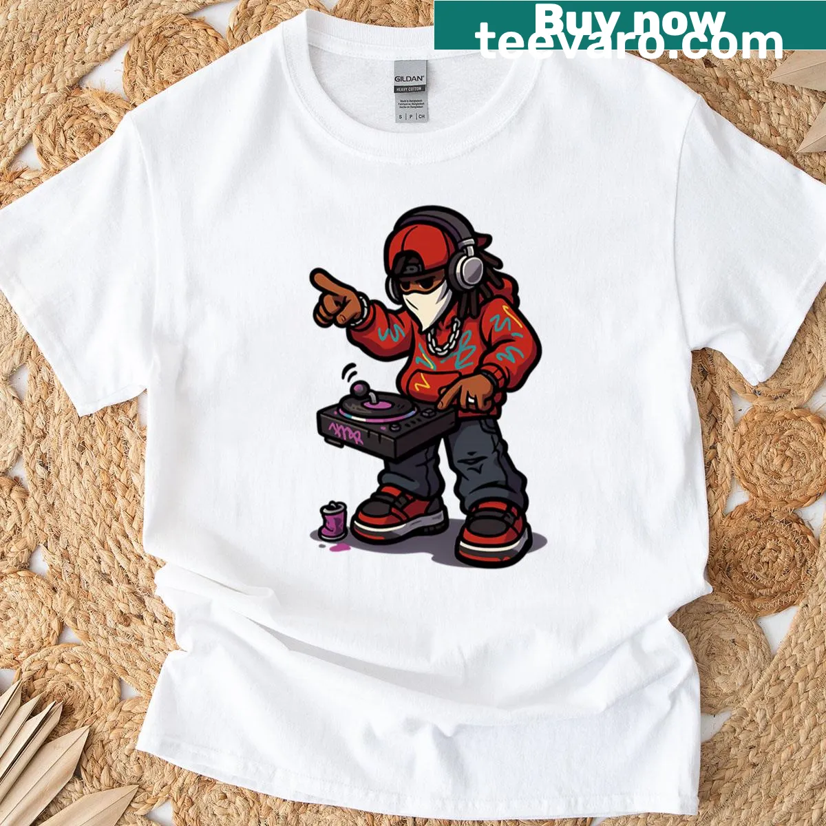 Urban DJ graphic t-shirt featuring a DJ illustration — on a men's t-shirt
