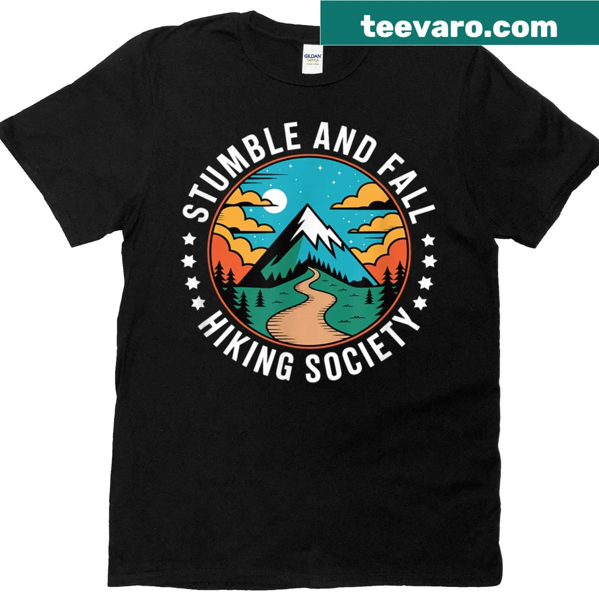 Retro hiking t-shirt with humorous Stumble And Fall Hiking Society text — on a men's t-shirt