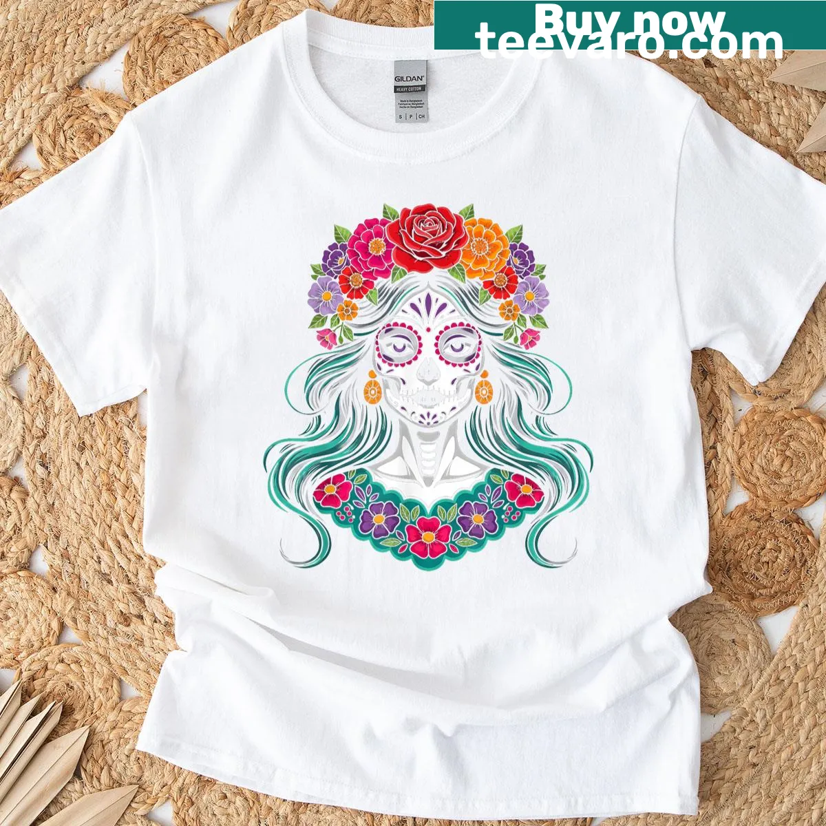 Cartoon sugar skull design for Dia De Los Muertos on a T-shirt — on a men's t-shirt