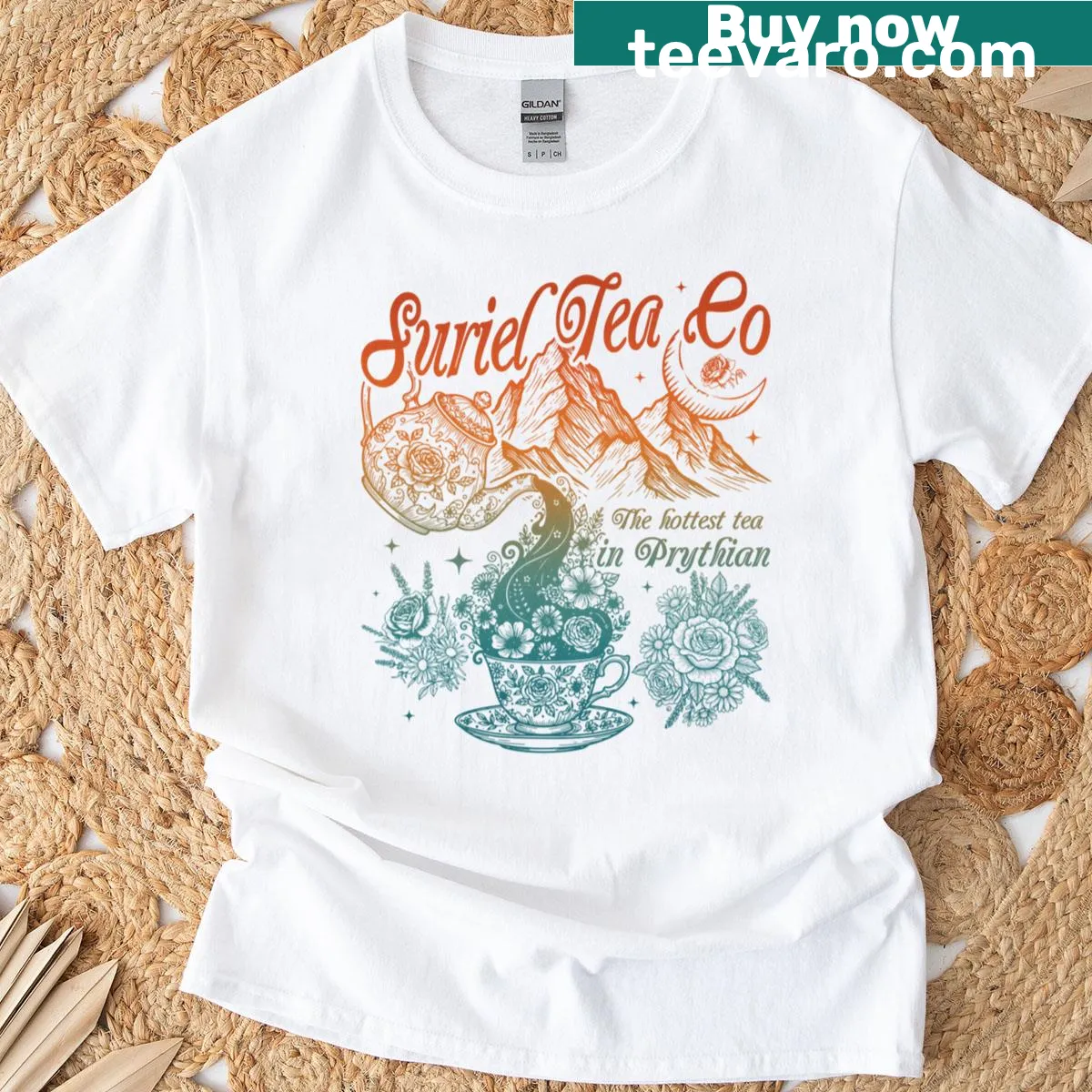 Fantasy book inspired T-shirt with Suriel Tea Co design — on a men's t-shirt