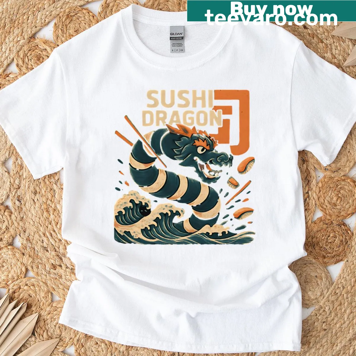 Sushi Dragon graphic T-shirt featuring a whimsical design — on a men's t-shirt