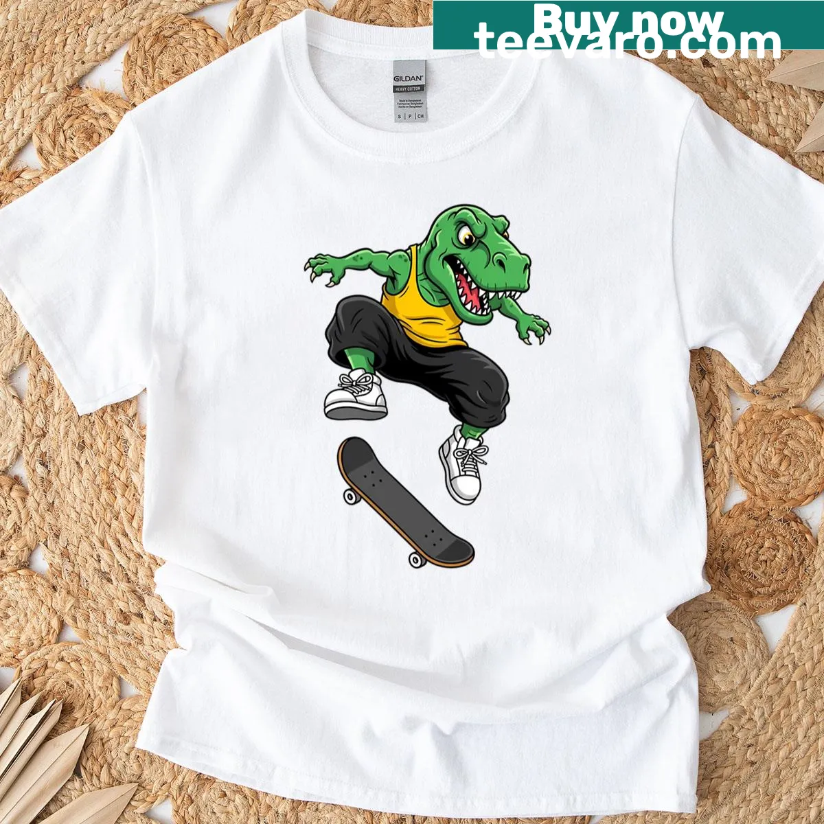 Playful T-rex skater T-shirt featuring extreme boarding illustration — on a men's t-shirt