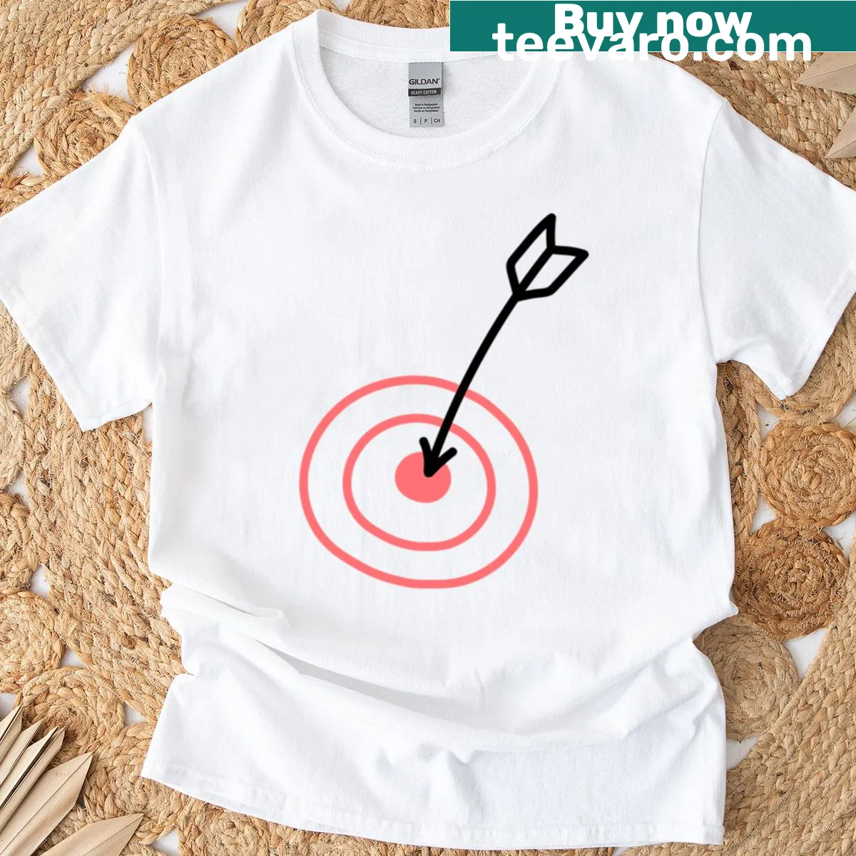 Playful T-shirt featuring a target and arrow graphic — on a men's t-shirt