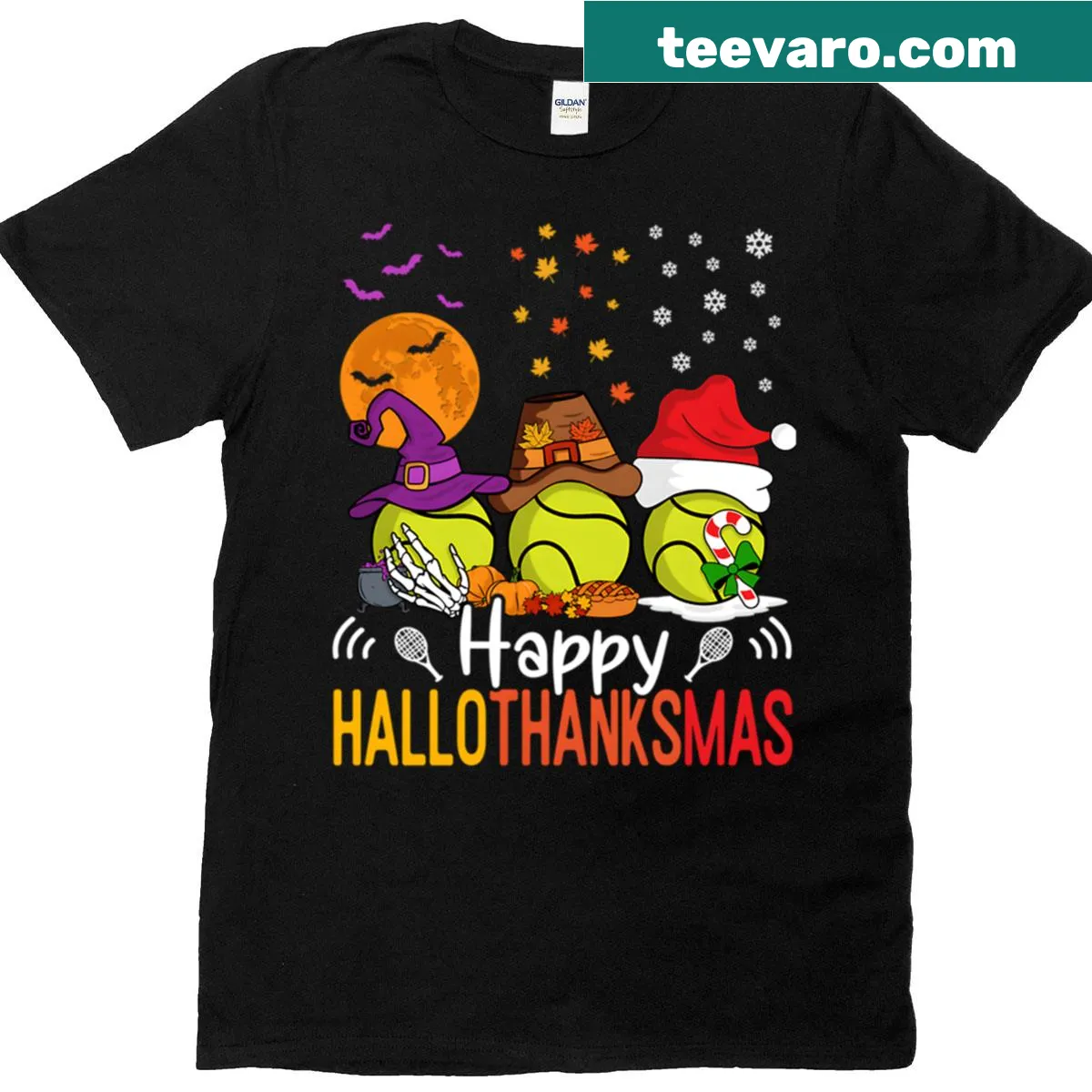 Festive T-shirt featuring Halloween, Thanksgiving, and Christmas designs — on a men's t-shirt