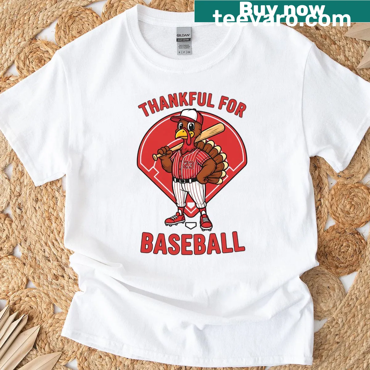 Thanksgiving themed T-shirt with turkey and baseball graphic — on a men's t-shirt