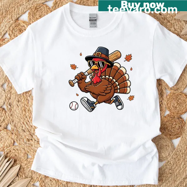 Illustration of a turkey and softball on a Thanksgiving T-shirt