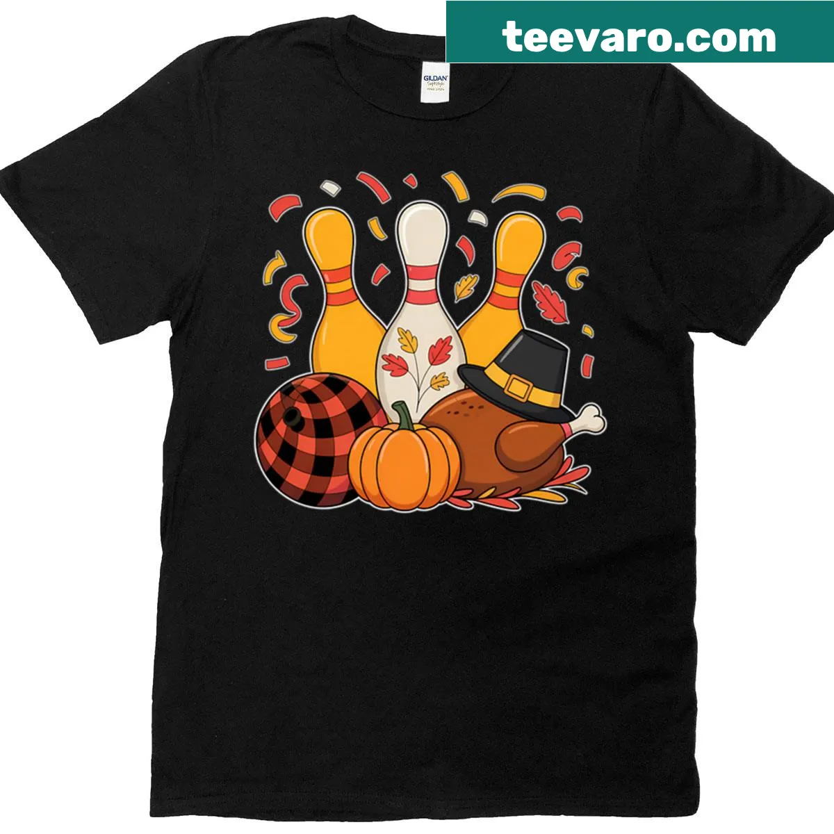 Thanksgiving themed T-shirt with bowling graphic — on a men's t-shirt