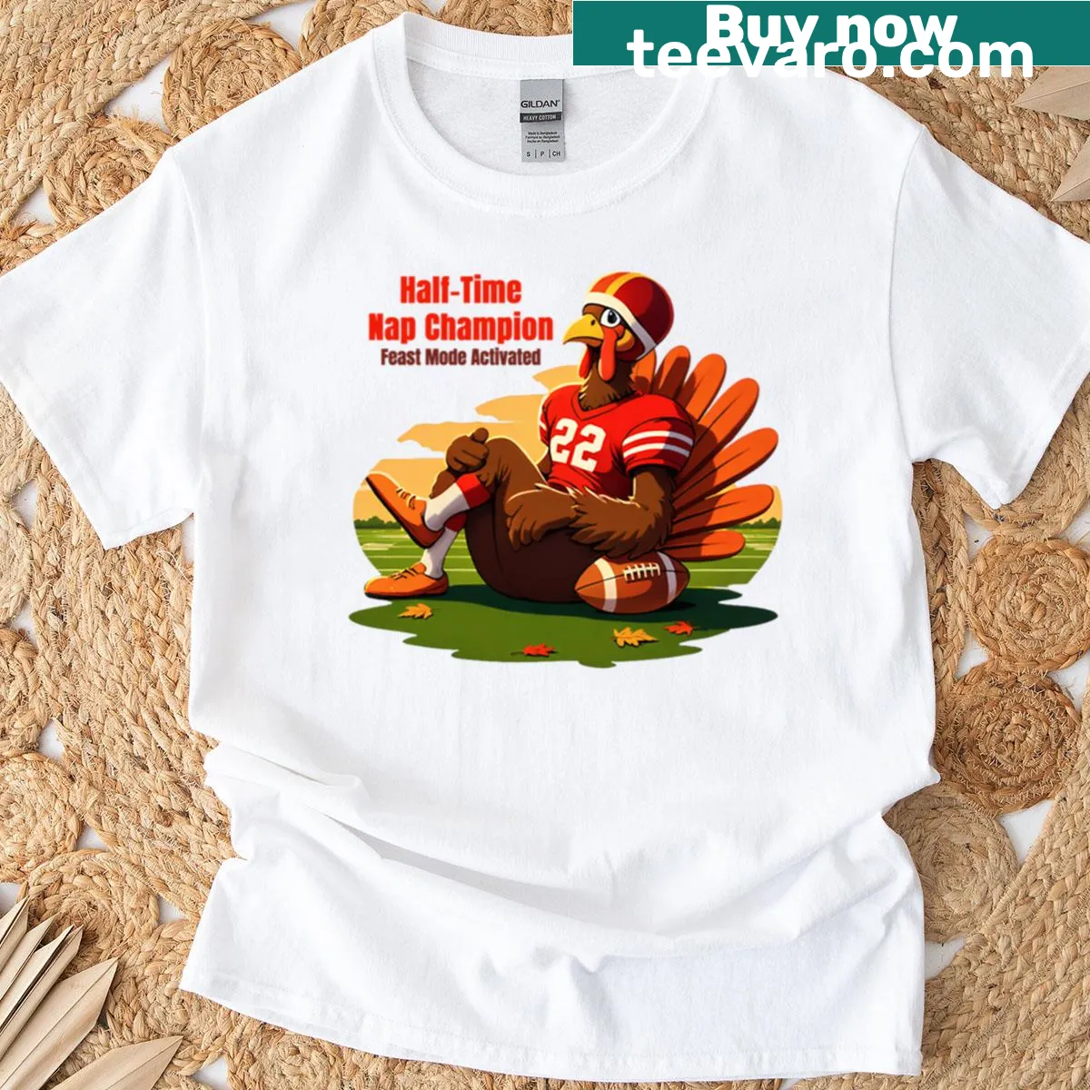 Funny Thanksgiving T-shirt with 'Feast Mode' text and turkey graphic — on a men's t-shirt