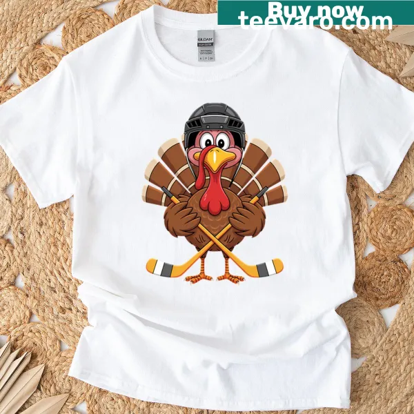 Whimsical turkey playing ice hockey on a Thanksgiving T-shirt