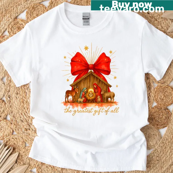 Illustrated nativity scene featuring Jesus, Mary, and Joseph on a T-shirt