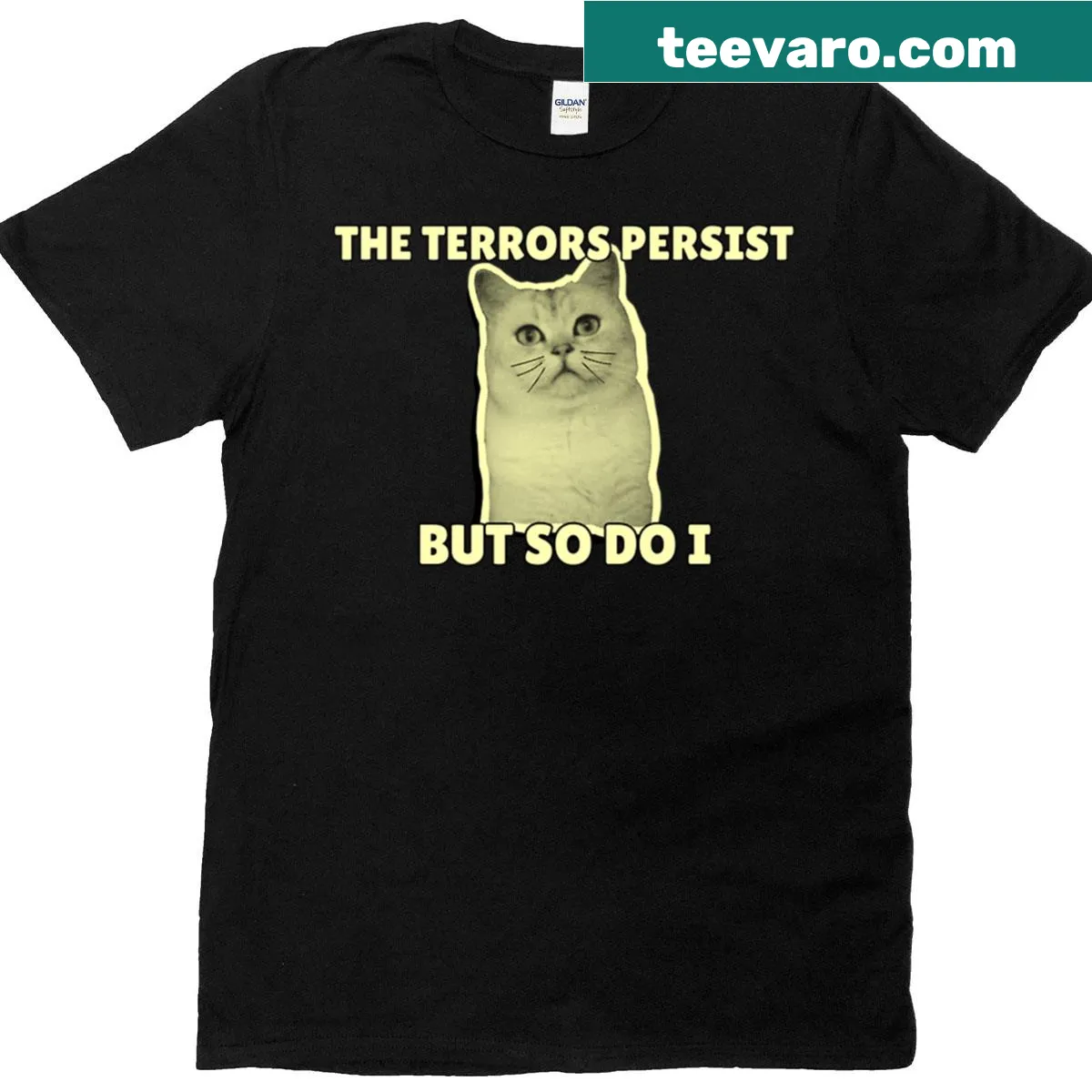 Cat-themed T-shirt with humorous saying about resilience — on a men's t-shirt