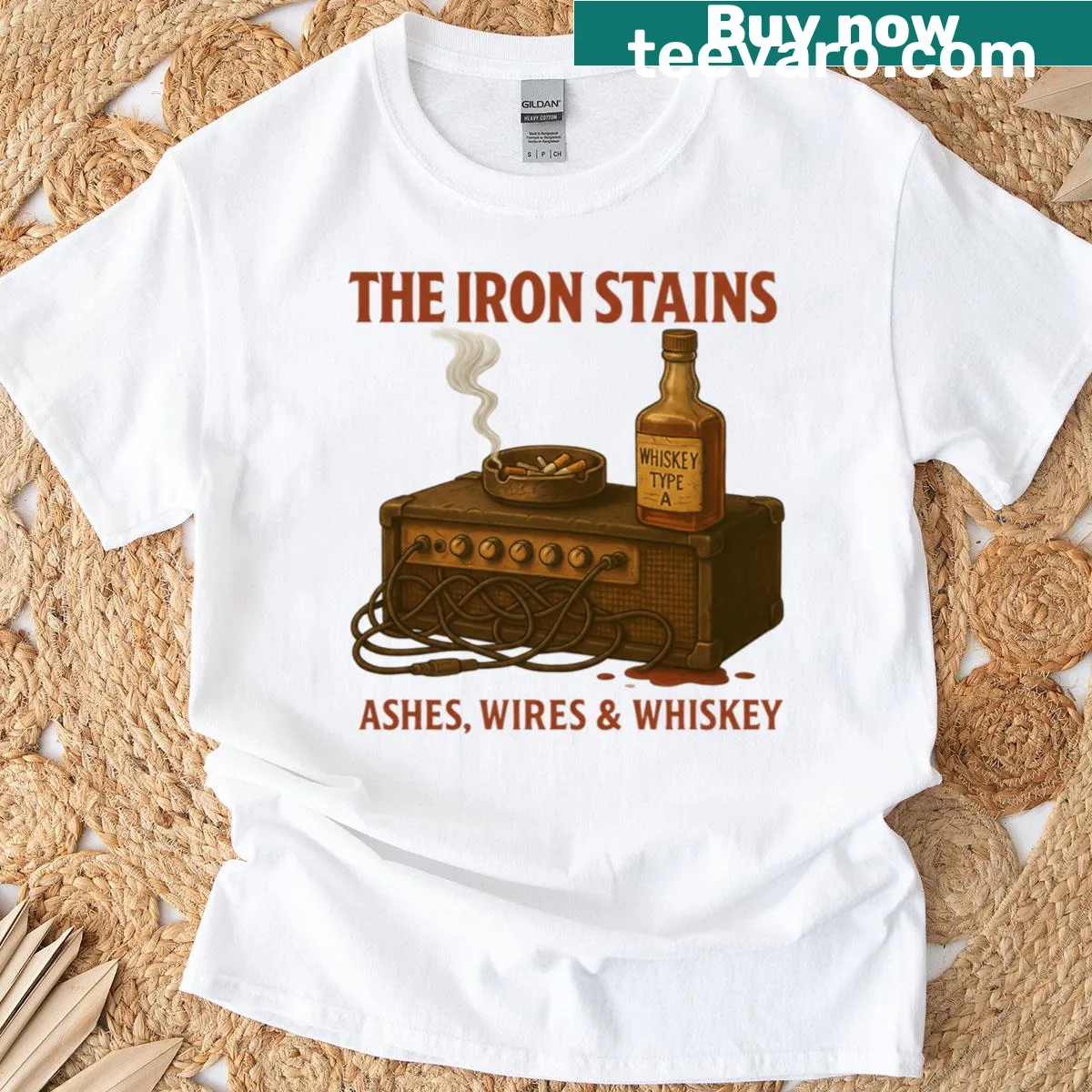 Gritty music-themed T-shirt with 'Ashes Wires Whiskey' text — on a men's t-shirt