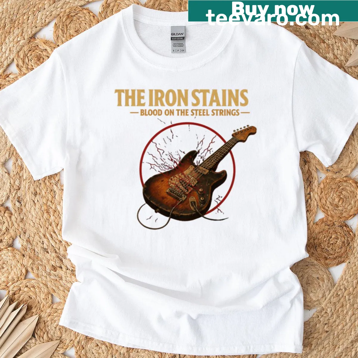 Gritty music-themed T-shirt with 'Blood On The Steel Strings' text — on a men's t-shirt