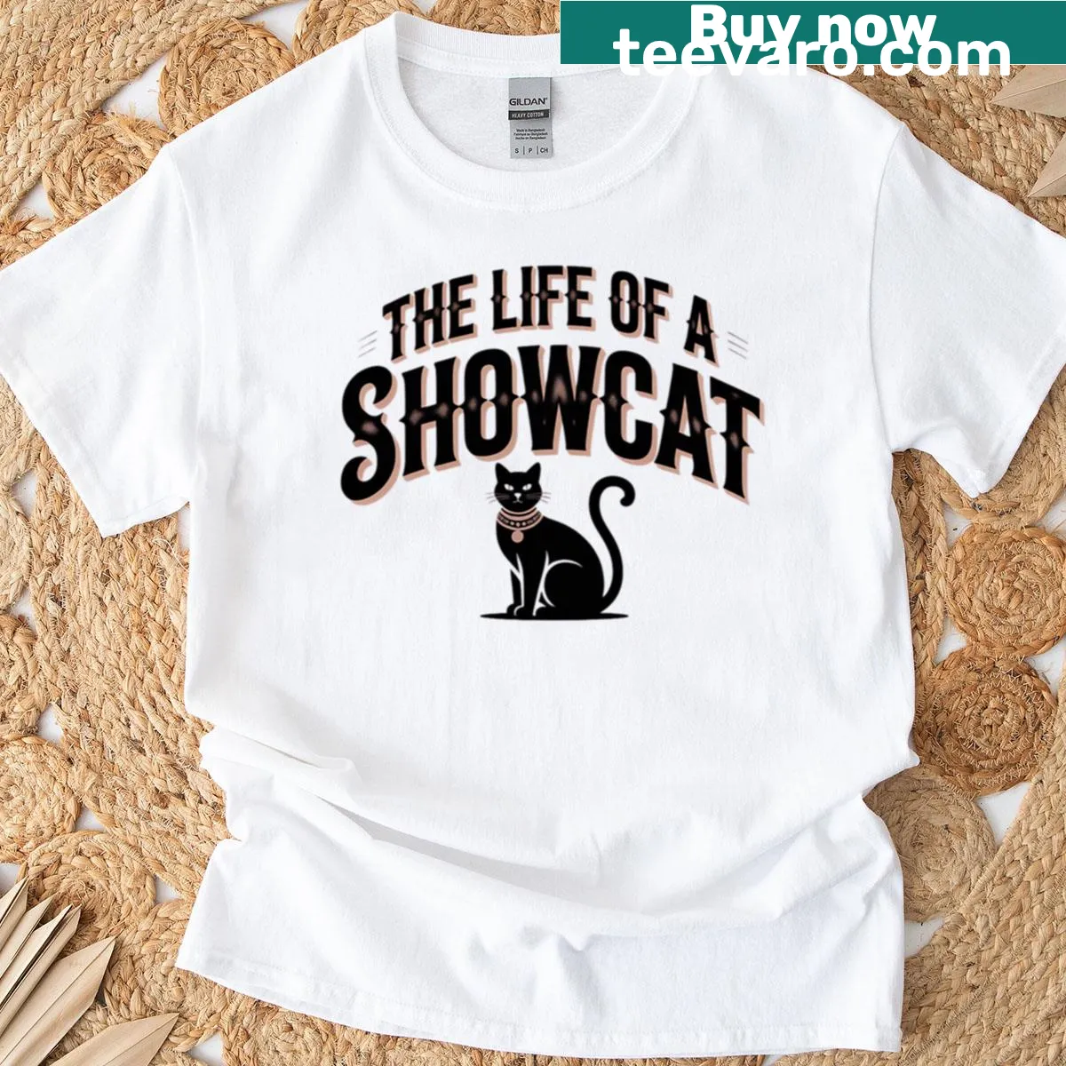 Vintage showcat design featuring a playful cat illustration — on a men's t-shirt
