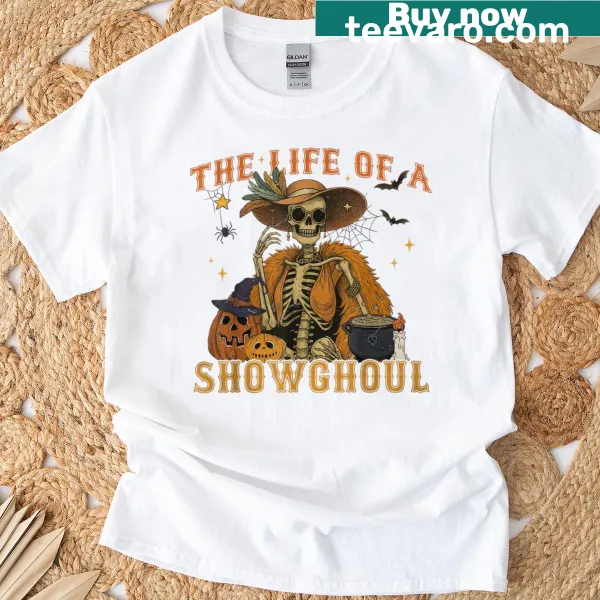 Funny Halloween T-shirt with 'The Life Of A Showghoul' text and ghost girl illustration