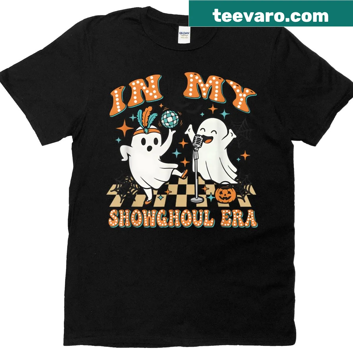 Ghostly showgirl illustration T-shirt with spooky theme — on a men's t-shirt