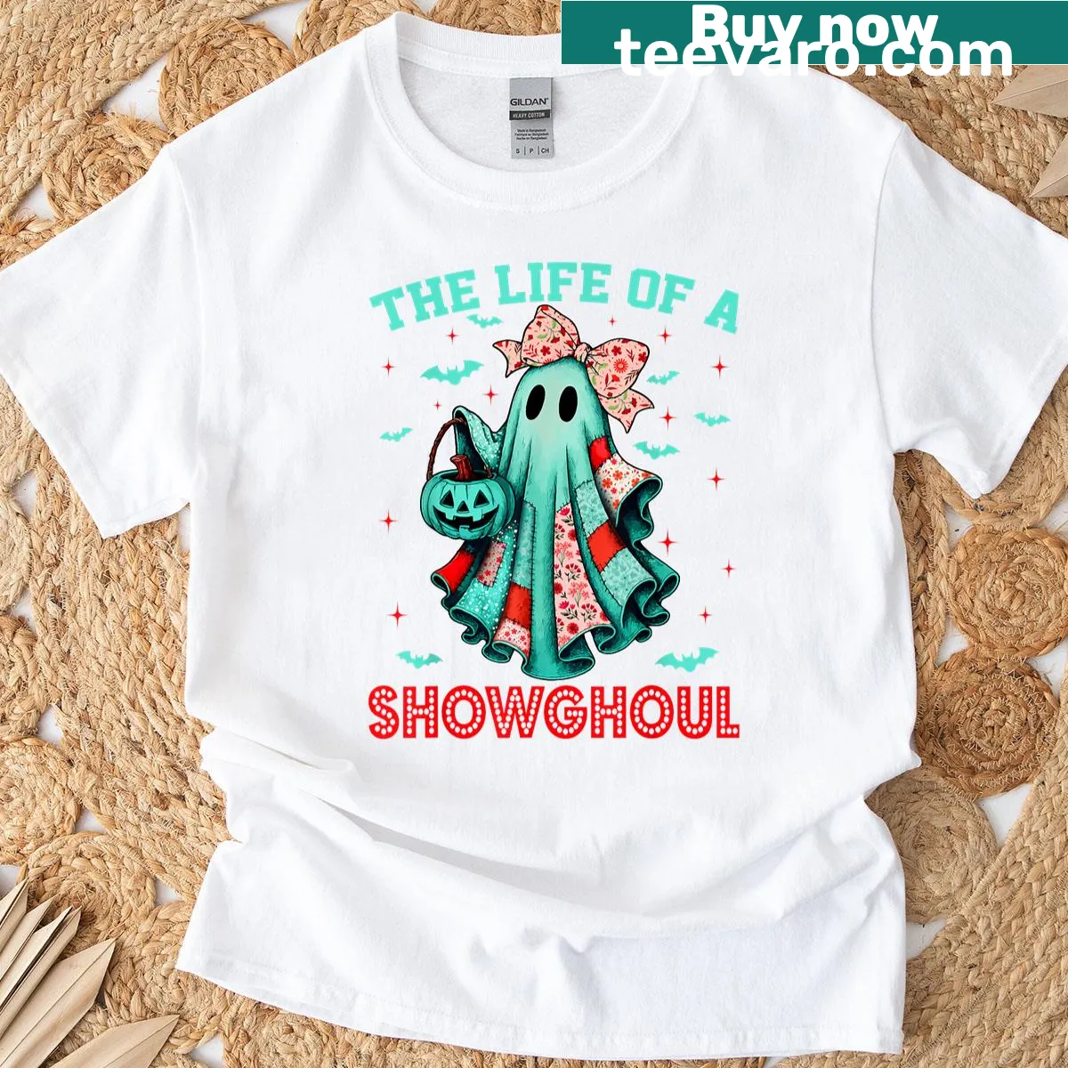 Retro Halloween T-shirt featuring a humorous ghost girl design — on a men's t-shirt