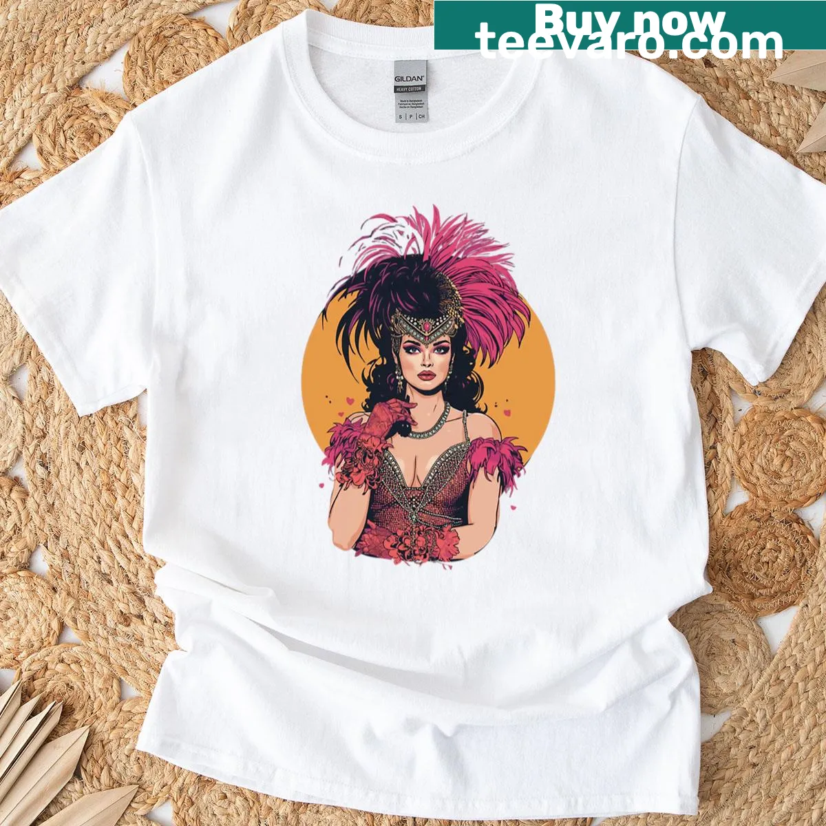 Pop art graphic of a showgirl in dynamic pose — on a men's t-shirt