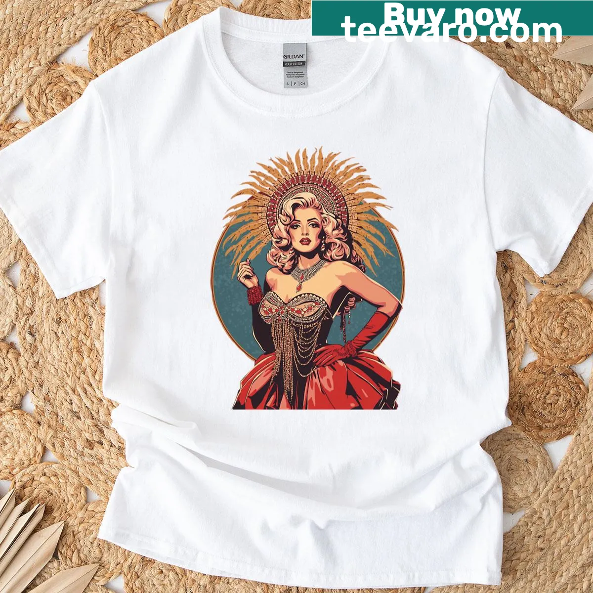 Pop art showgirl illustration with golden halo on T-shirt — on a men's t-shirt