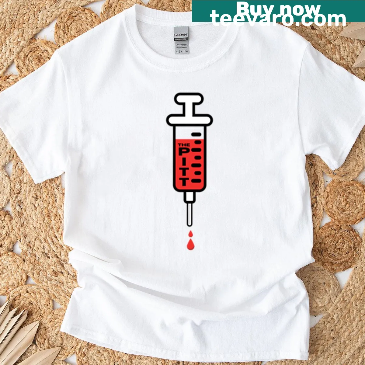 Playful tee featuring a syringe graphic inspired by Noah Wyles' socks — on a men's t-shirt