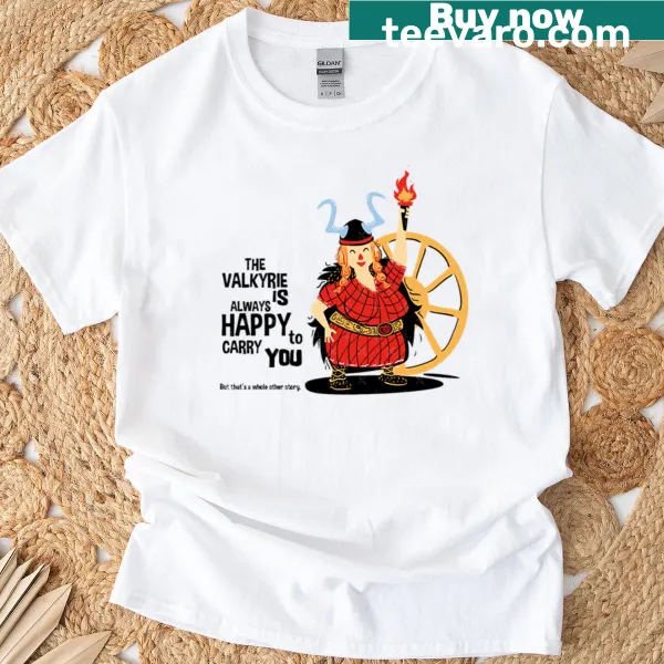 Illustrated T-shirt featuring a valkyrie in a supportive pose