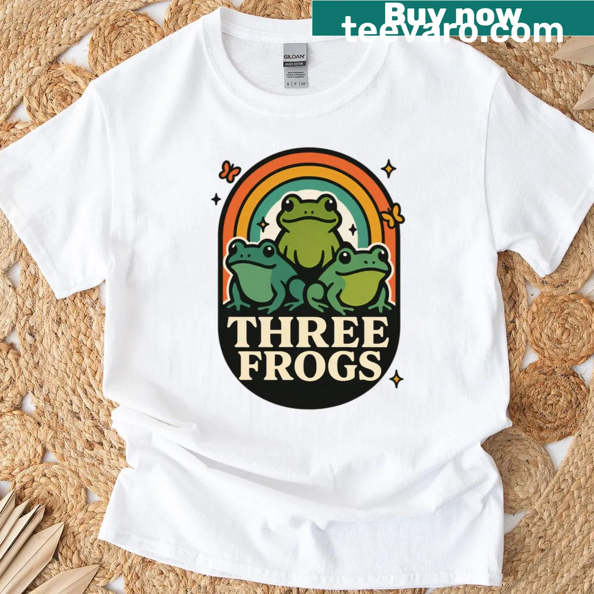 Illustration of three cute frogs on a whimsical t-shirt — on a men's t-shirt
