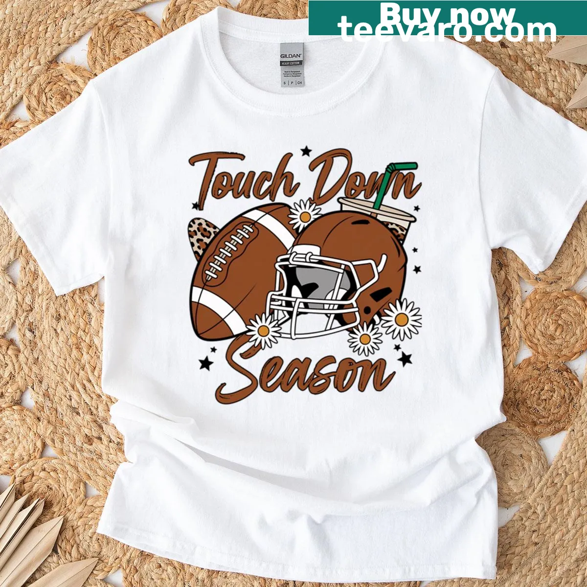 Illustrative T-shirt with a football helmet and daisy design — on a men's t-shirt