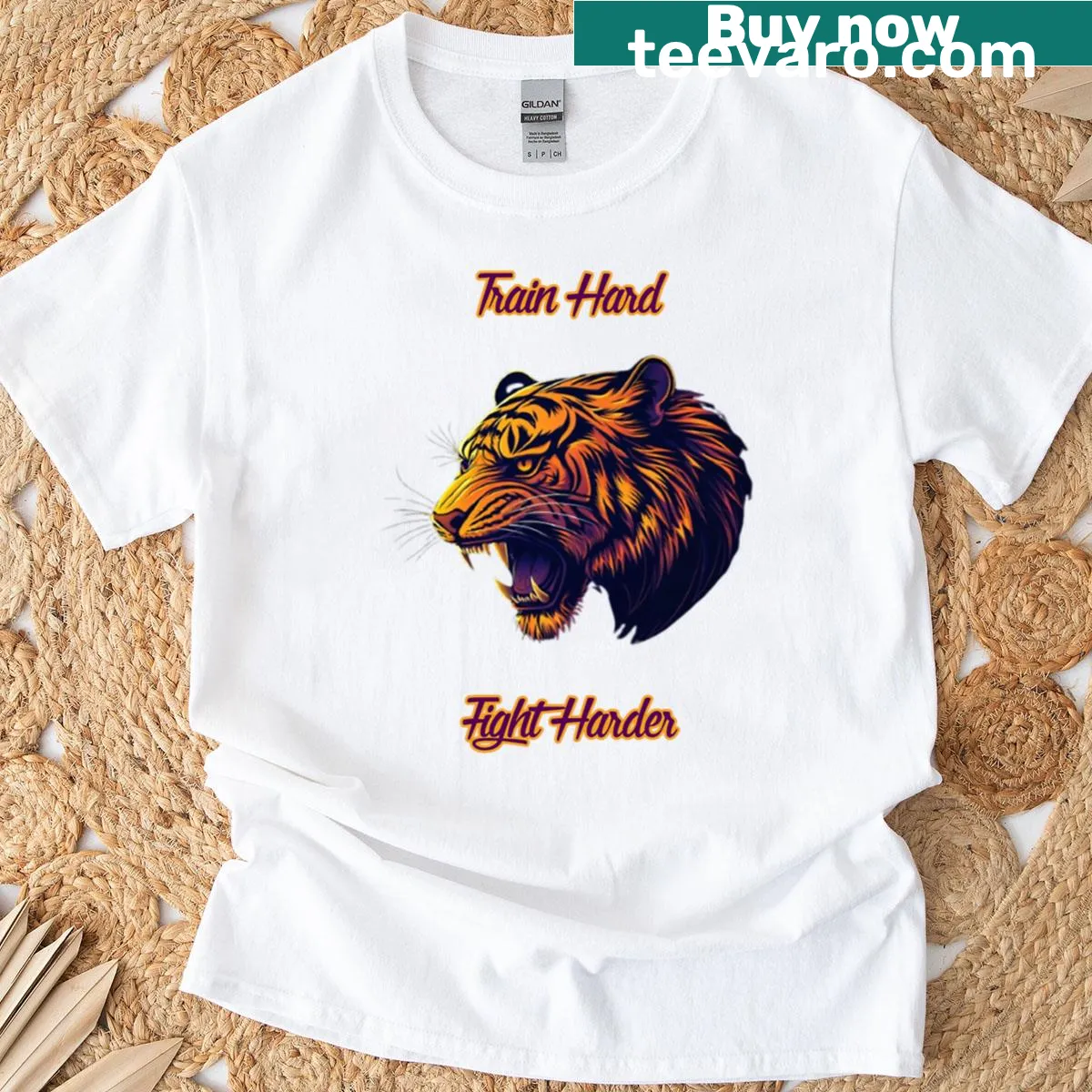 Inspirational text 'Train Hard Fight Harder' on a t-shirt — on a men's t-shirt